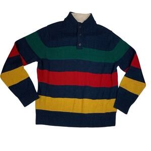 Lands End Mens XL knit stripe retro sweater button neck polo blue color wool